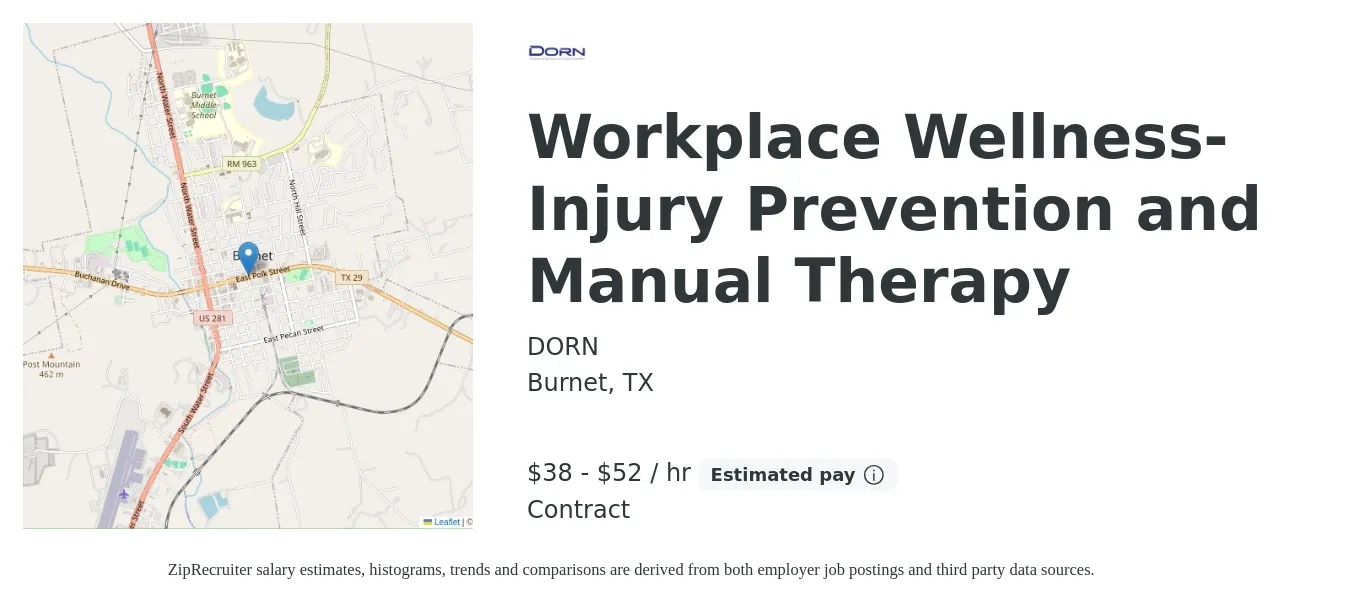 DORN job posting for a Workplace Wellness-Injury Prevention and Manual Therapy in Burnet, TX with a salary of $40 to $55 Hourly with a map of Burnet location.