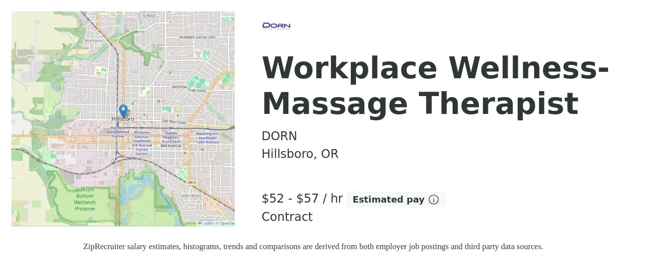 DORN job posting for a Workplace Wellness-Massage Therapist in Hillsboro, OR with a salary of $55 to $60 Hourly with a map of Hillsboro location.