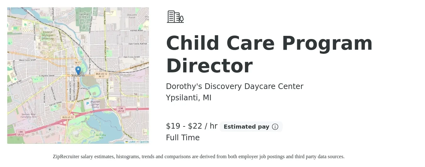 Dorothy's Discovery Daycare Center job posting for a Child Care Program Director in Ypsilanti, MI with a salary of $20 to $23 Hourly with a map of Ypsilanti location.