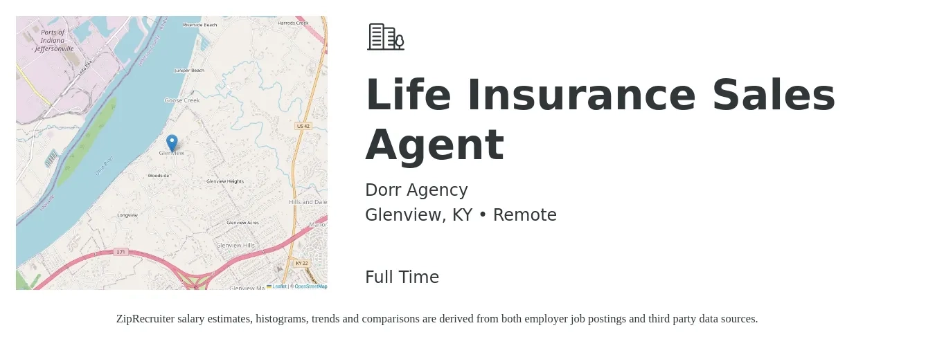 Dorr Agency job posting for a Life Insurance Sales Agent in Glenview, KY with a salary of $88,700 to $115,100 Yearly with a map of Glenview location.