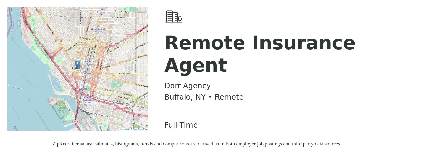 Dorr Agency job posting for a Remote Insurance Agent in Buffalo, NY with a salary of $43,100 to $74,600 Yearly with a map of Buffalo location.