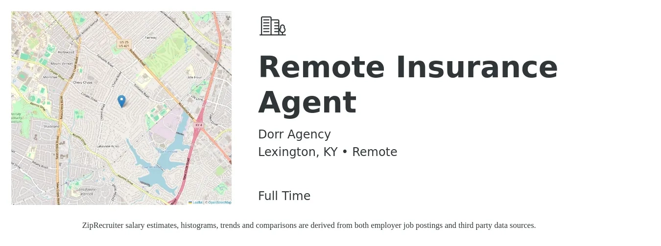 Dorr Agency job posting for a Remote Insurance Agent in Lexington, KY with a salary of $39,100 to $67,600 Yearly with a map of Lexington location.
