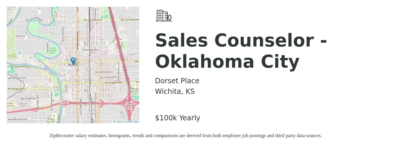 Dorset Place job posting for a Sales Counselor - Oklahoma City in Wichita, KS with a salary of $50,000 to $80,000 Yearly with a map of Wichita location.