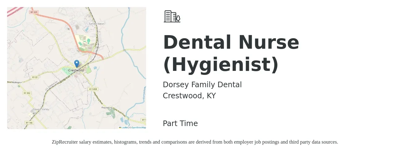 Dorsey Family Dental job posting for a Dental Nurse (Hygienist) in Crestwood, KY with a salary of $50,000 Hourly with a map of Crestwood location.