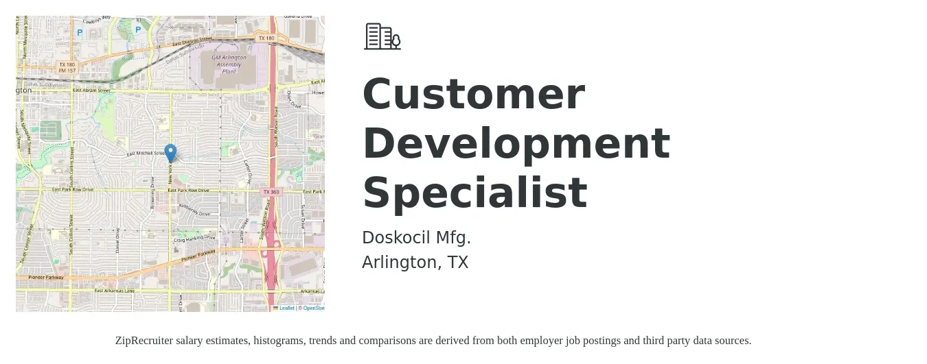Doskocil Mfg. job posting for a Customer Development Specialist in Arlington, TX with a salary of $15 to $20 Hourly with a map of Arlington location.
