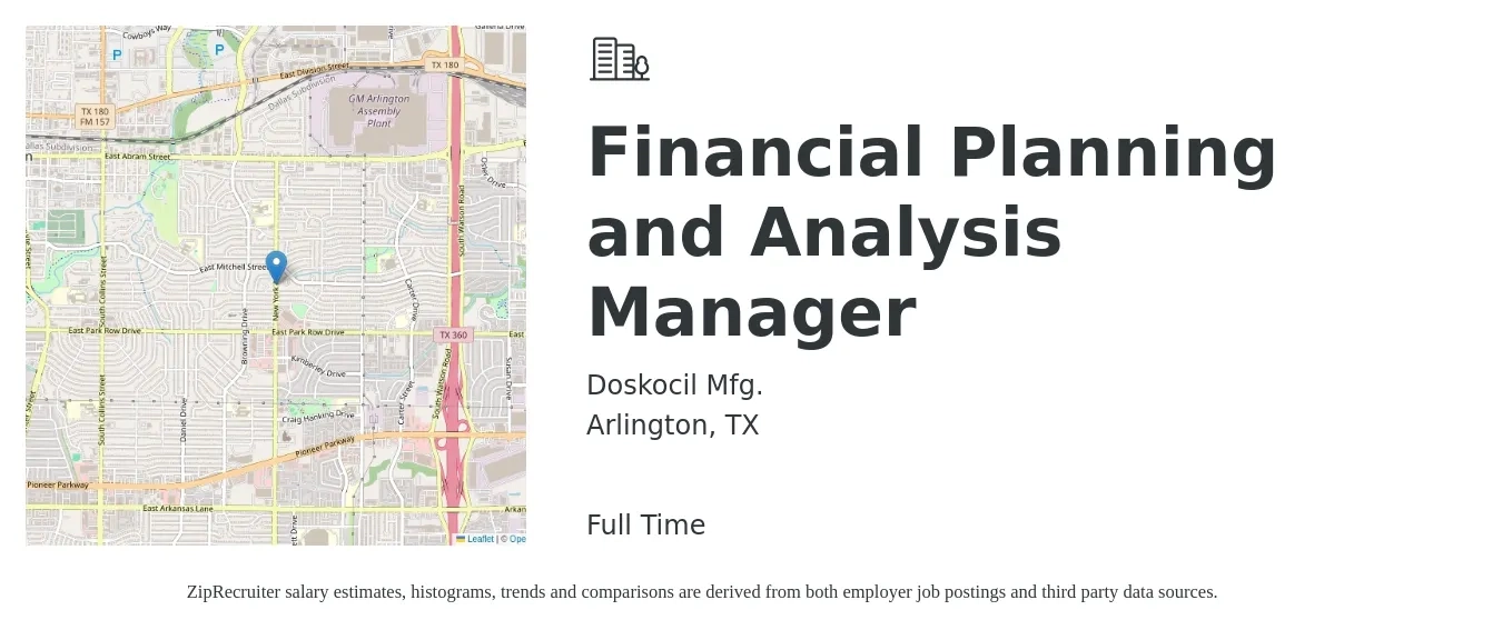 Doskocil Mfg. job posting for a Financial Planning and Analysis Manager in Arlington, TX with a salary of $95,000 to $124,700 Yearly with a map of Arlington location.