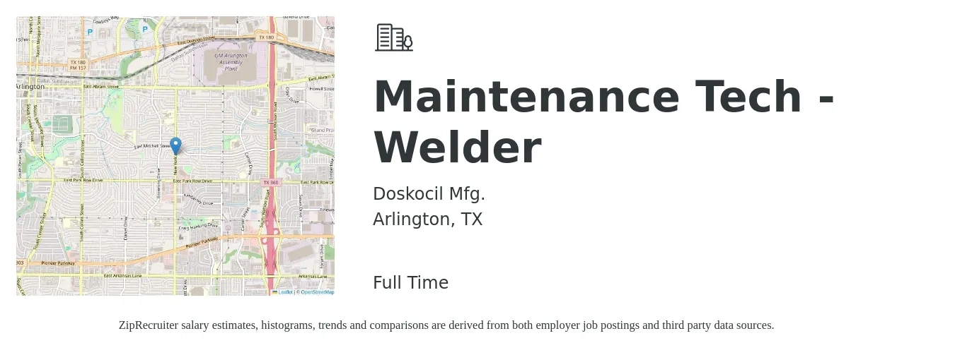 Doskocil Mfg. job posting for a Maintenance Tech - Welder in Arlington, TX with a salary of $20 to $24 Hourly with a map of Arlington location.