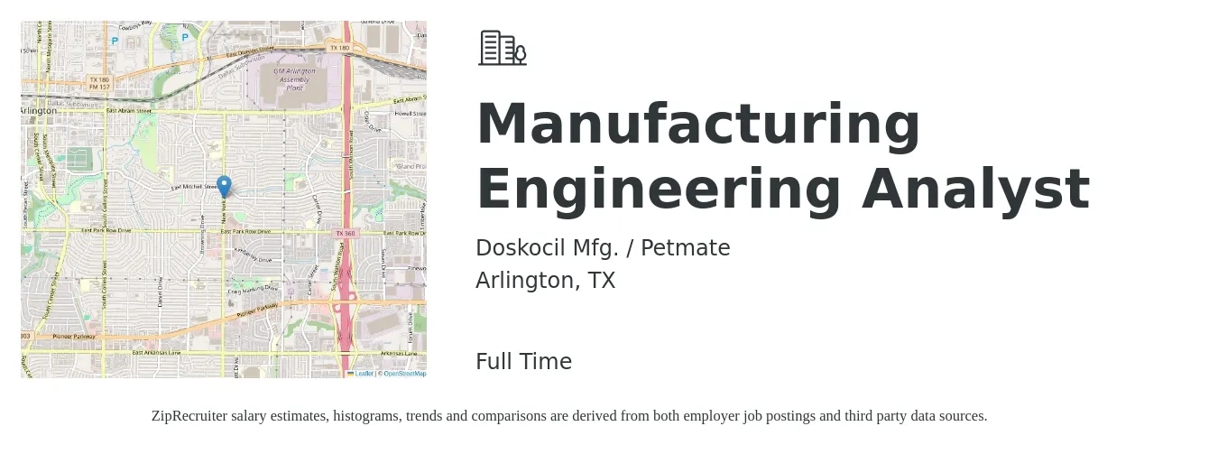 Doskocil Mfg. / Petmate job posting for a Manufacturing Engineering Analyst in Arlington, TX with a salary of $50,000 to $86,300 Yearly with a map of Arlington location.