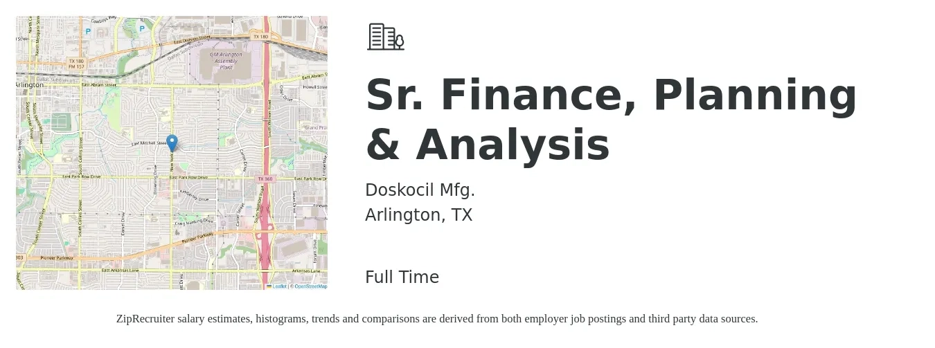 Doskocil Mfg. job posting for a Sr. Finance, Planning & Analysis in Arlington, TX with a salary of $77,000 to $95,900 Yearly with a map of Arlington location.