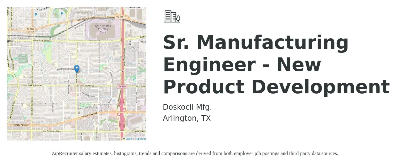 Doskocil Mfg. job posting for a Sr. Manufacturing Engineer - New Product Development in Arlington, TX with a salary of $84,500 to $107,700 Yearly with a map of Arlington location.