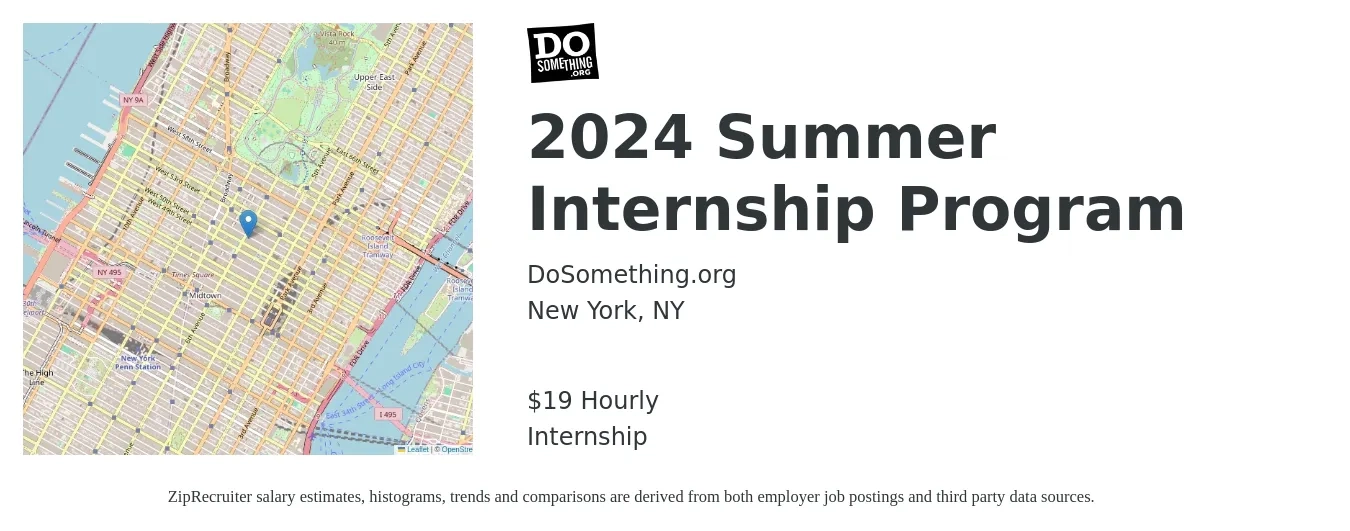 DoSomething.org job posting for a 2024 Summer Internship Program in New York, NY with a salary of $20 Hourly with a map of New York location.