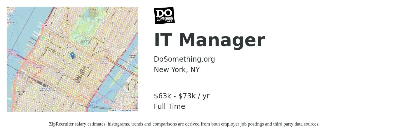 DoSomething.org job posting for a IT Manager in New York, NY with a salary of $63,000 to $73,000 Yearly with a map of New York location.