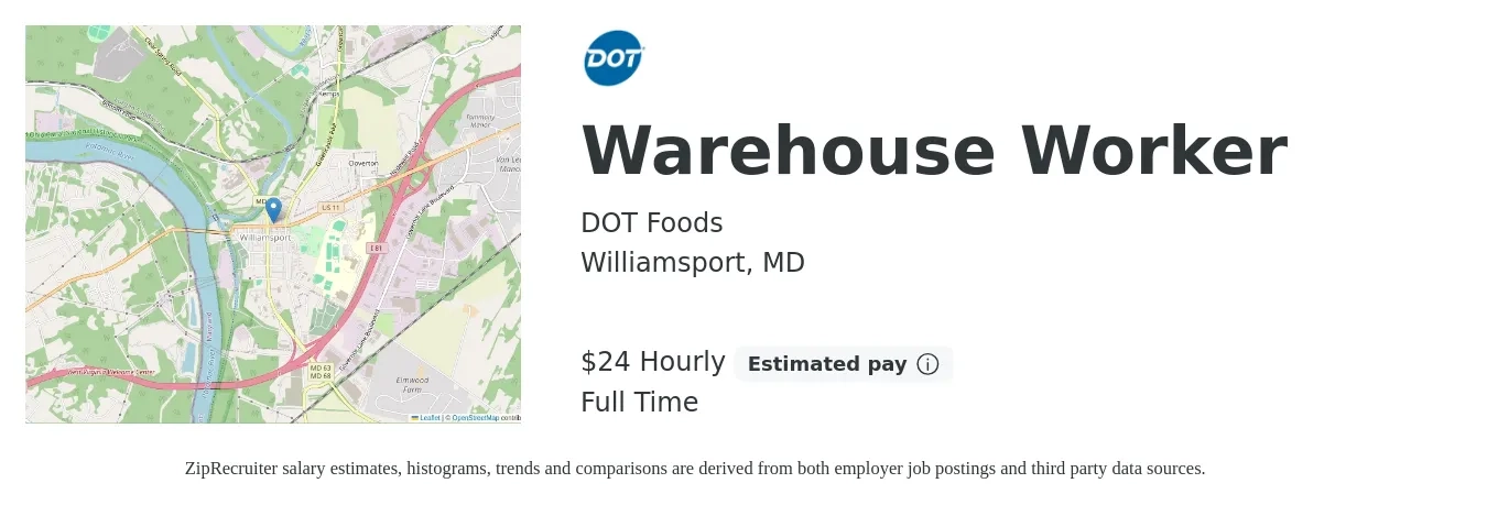 DOT Foods job posting for a Warehouse Worker in Williamsport, MD with a salary of $25 Hourly with a map of Williamsport location.