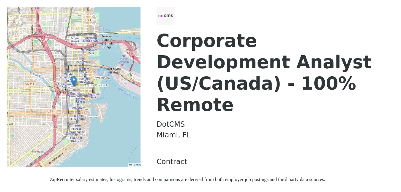 dotCMS LLC job posting for a Corporate Development Analyst (US/Canada) - 100% Remote in Miami, FL with a salary of $74,100 to $112,400 Yearly with a map of Miami location.