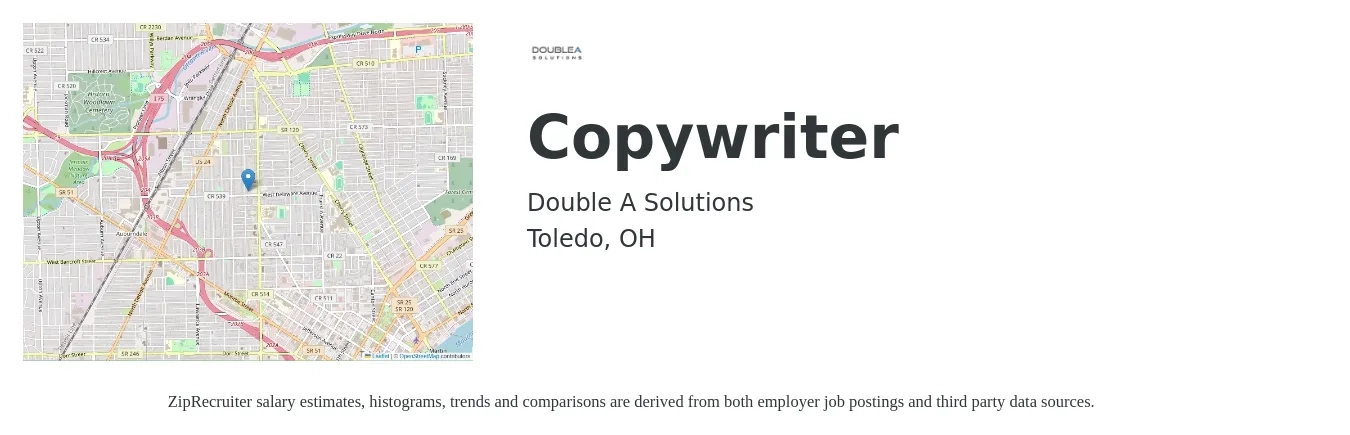 Double A Solutions job posting for a Copywriter in Toledo, OH with a salary of $28 to $42 Hourly with a map of Toledo location.