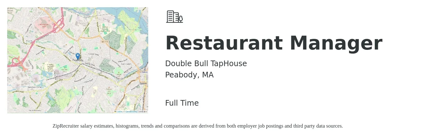 Double Bull TapHouse job posting for a Restaurant Manager in Peabody, MA with a salary of $49,900 to $70,500 Yearly with a map of Peabody location.