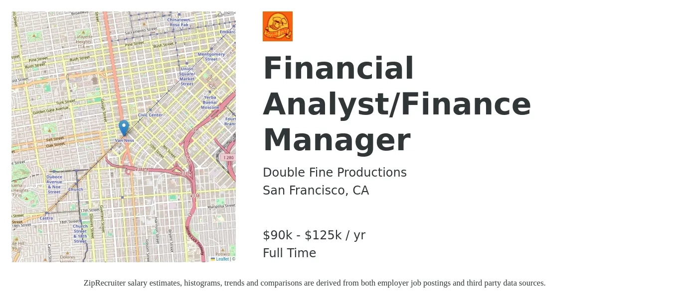 Double Fine Productions job posting for a Financial Analyst/Finance Manager in San Francisco, CA with a salary of $90,000 to $125,000 Yearly with a map of San Francisco location.