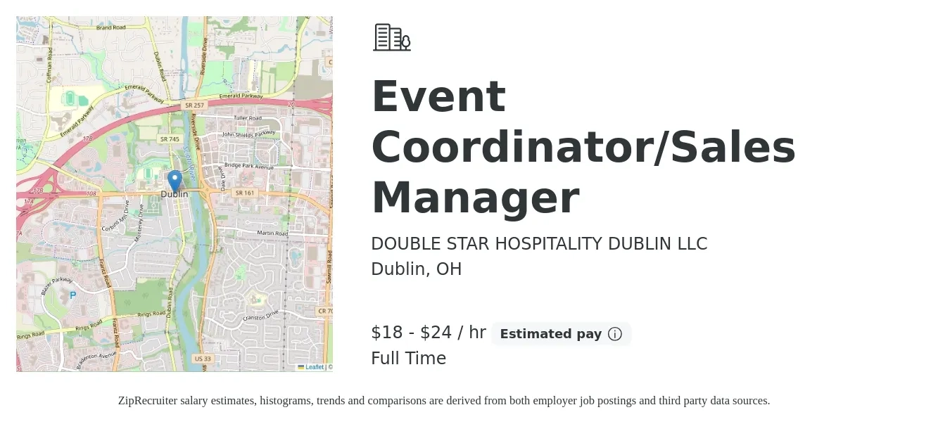 DOUBLE STAR HOSPITALITY DUBLIN LLC job posting for a Event Coordinator/Sales Manager in Dublin, OH with a salary of $19 to $25 Hourly with a map of Dublin location.