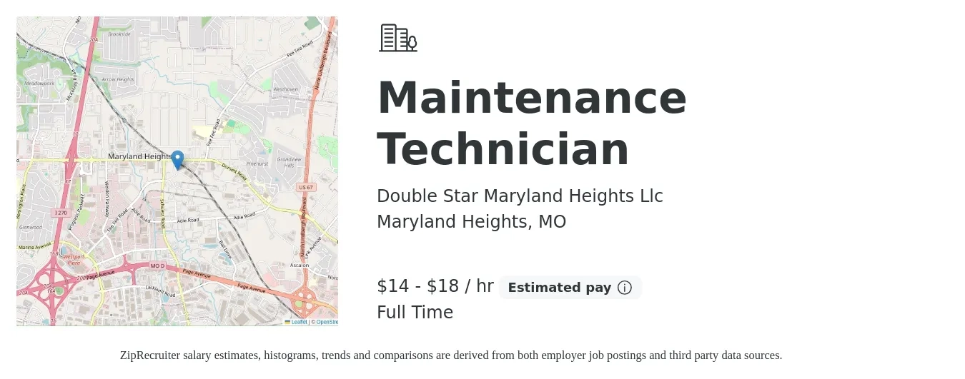 Double Star Maryland Heights Llc job posting for a Maintenance Technician in Maryland Heights, MO with a salary of $15 to $19 Hourly with a map of Maryland Heights location.