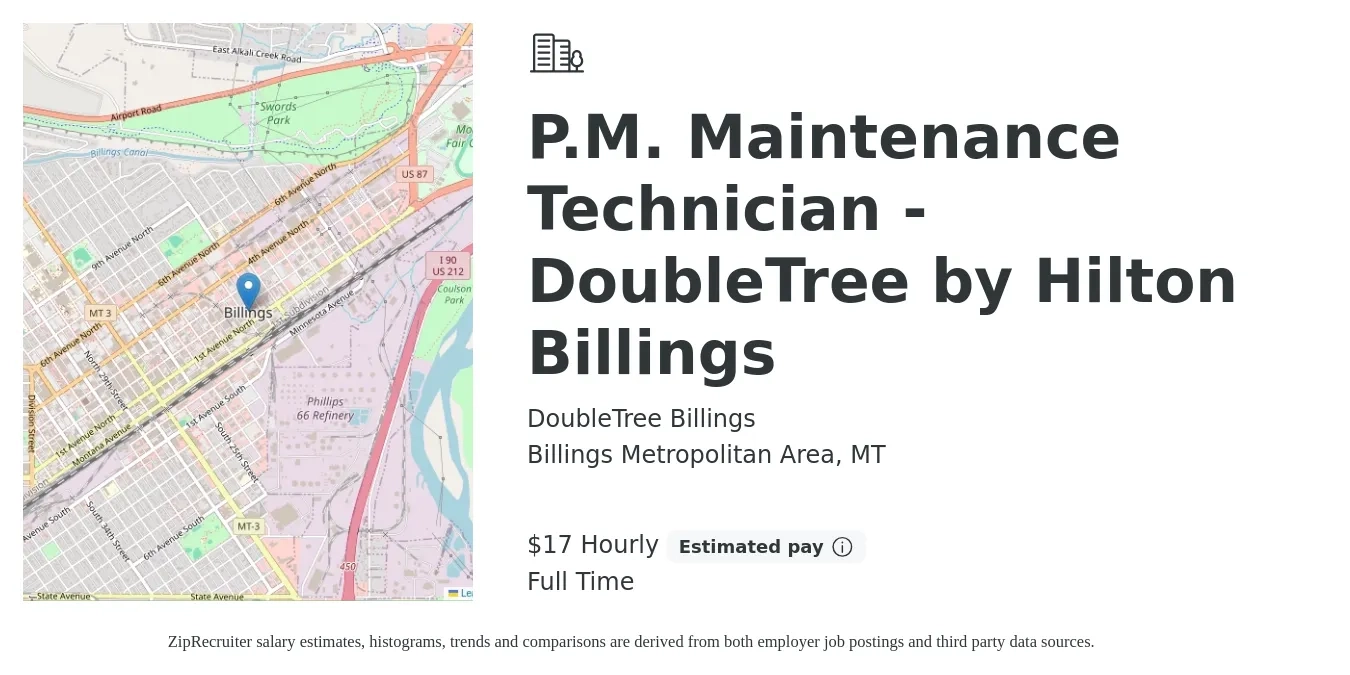 DoubleTree Billings job posting for a P.M. Maintenance Technician - DoubleTree by Hilton Billings in Billings Metropolitan Area, MT with a salary of $18 Hourly with a map of Billings Metropolitan Area location.