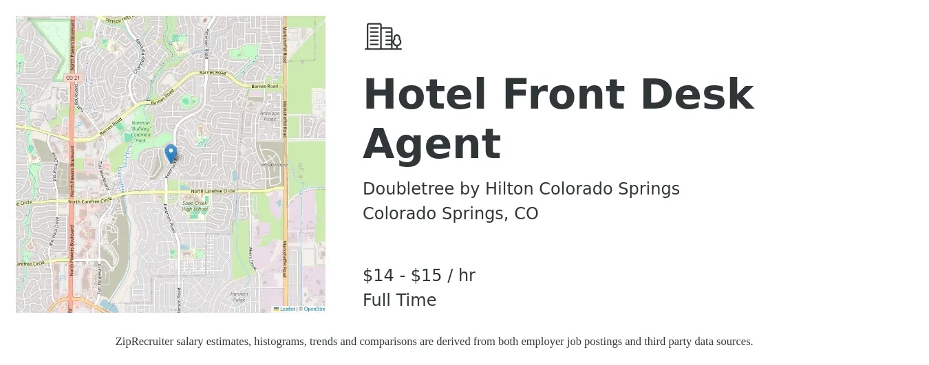 Doubletree by Hilton Colorado Springs job posting for a Hotel Front Desk Agent in Colorado Springs, CO with a salary of $15 to $16 Hourly with a map of Colorado Springs location.