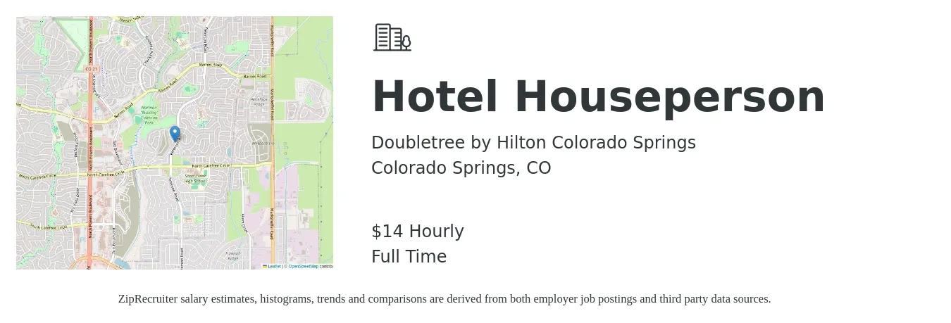Doubletree by Hilton Colorado Springs job posting for a Hotel Houseperson in Colorado Springs, CO with a salary of $15 to $16 Hourly with a map of Colorado Springs location.