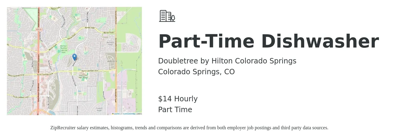 Doubletree by Hilton Colorado Springs job posting for a Part-Time Dishwasher in Colorado Springs, CO with a salary of $15 to $16 Hourly with a map of Colorado Springs location.
