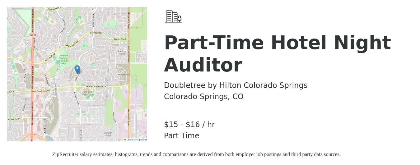 Doubletree by Hilton Colorado Springs job posting for a Part-Time Hotel Night Auditor in Colorado Springs, CO with a salary of $16 to $17 Hourly with a map of Colorado Springs location.