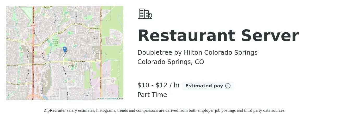Doubletree by Hilton Colorado Springs job posting for a Restaurant Server in Colorado Springs, CO with a salary of $11 to $13 Hourly with a map of Colorado Springs location.