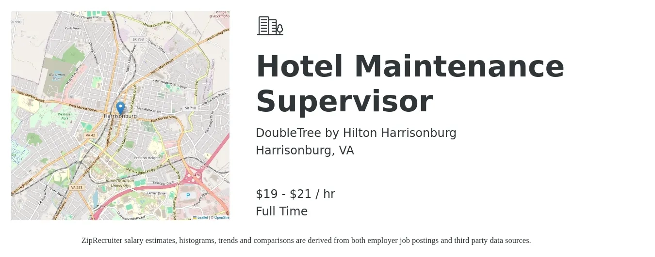 DoubleTree by Hilton Harrisonburg job posting for a Hotel Maintenance Supervisor in Harrisonburg, VA with a salary of $20 to $22 Hourly with a map of Harrisonburg location.