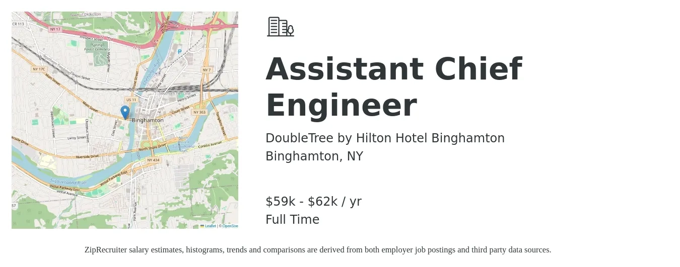 DoubleTree by Hilton Hotel Binghamton job posting for a Assistant Chief Engineer in Binghamton, NY with a salary of $59,000 to $62,000 Yearly with a map of Binghamton location.