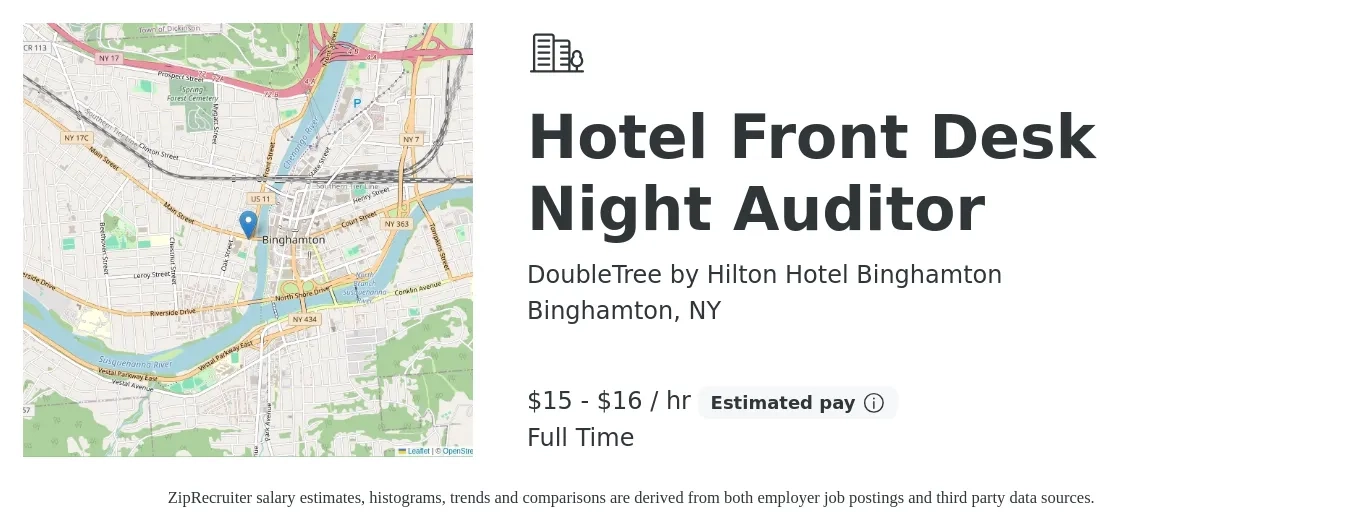 DoubleTree by Hilton Hotel Binghamton job posting for a Hotel Front Desk Night Auditor in Binghamton, NY with a salary of $16 to $17 Hourly with a map of Binghamton location.