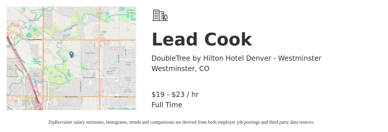 DoubleTree by Hilton Hotel Denver - Westminster job posting for a Lead Cook in Westminster, CO with a salary of $20 to $24 Hourly with a map of Westminster location.