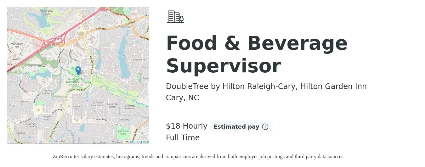 DoubleTree by Hilton Raleigh-Cary, Hilton Garden Inn job posting for a Food & Beverage Supervisor in Cary, NC with a salary of $19 Hourly with a map of Cary location.