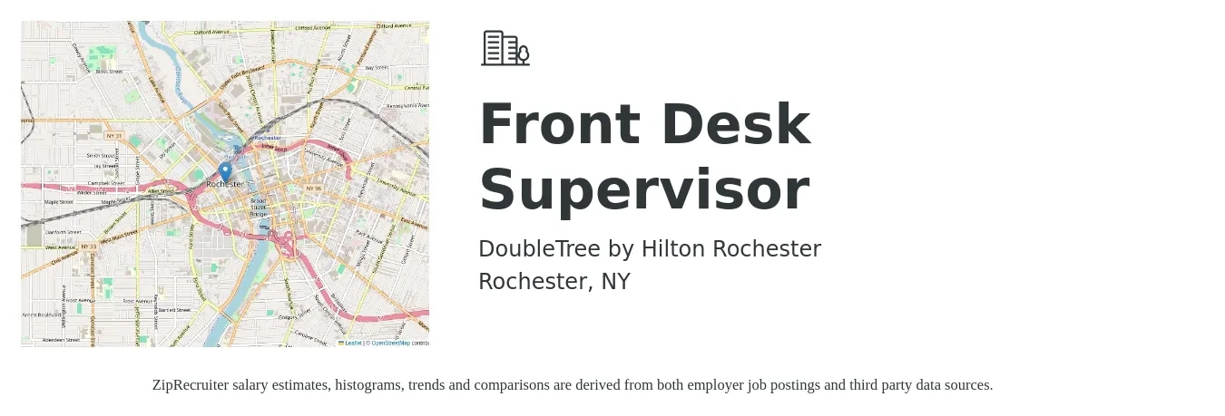 DOUBLETREE BY HILTON ROCHESTER job posting for a Front Desk Supervisor in Rochester, NY with a salary of $17 to $22 Hourly with a map of Rochester location.