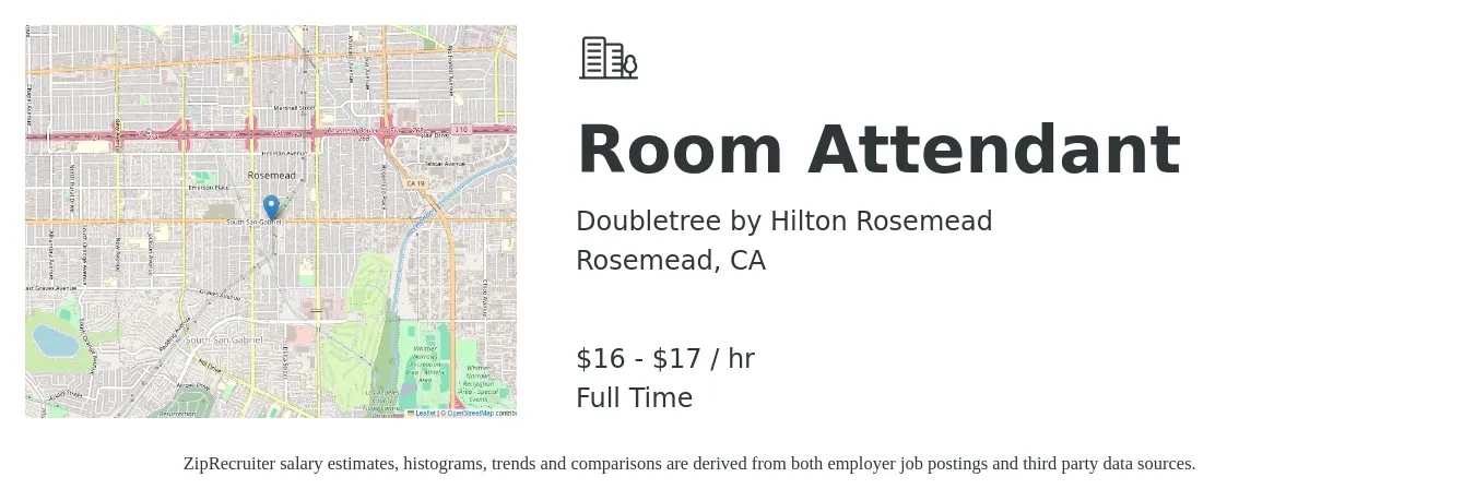 Doubletree by Hilton Rosemead job posting for a Room Attendant in Rosemead, CA with a salary of $17 to $18 Hourly with a map of Rosemead location.