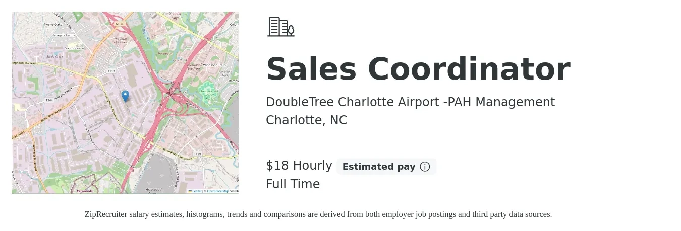 DoubleTree Charlotte Airport -PAH Management job posting for a Sales Coordinator in Charlotte, NC with a salary of $19 Hourly with a map of Charlotte location.