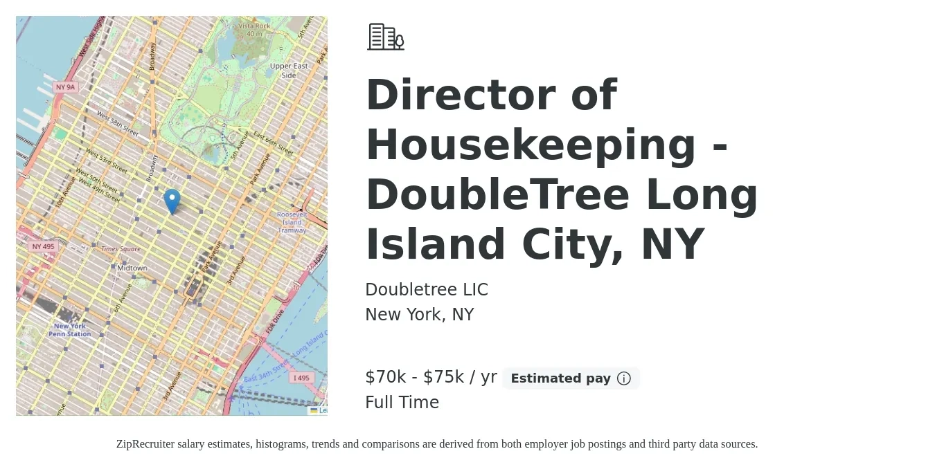 Doubletree LIC job posting for a Director of Housekeeping - DoubleTree Long Island City, NY in New York, NY with a salary of $70,000 to $75,000 Yearly with a map of New York location.
