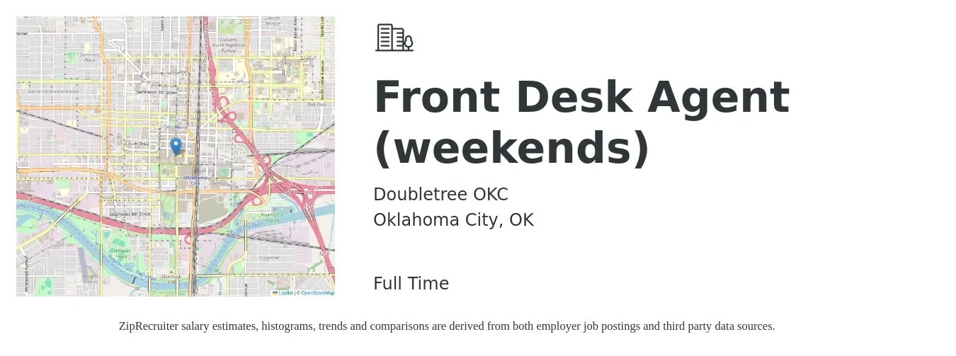 Doubletree OKC job posting for a Front Desk Agent (weekends) in Oklahoma City, OK with a salary of $13 to $17 Hourly with a map of Oklahoma City location.