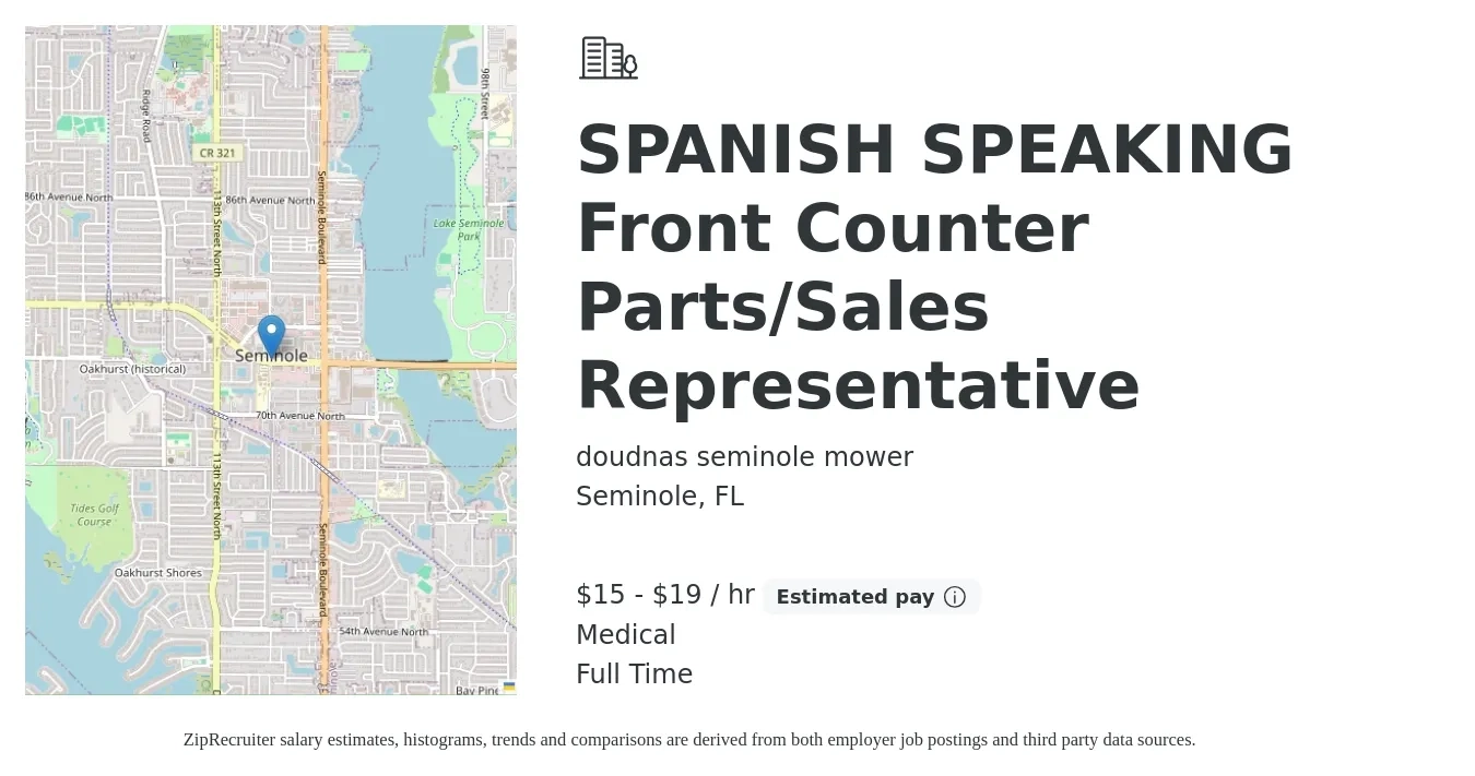 doudnas seminole mower job posting for a SPANISH SPEAKING Front Counter Parts/Sales Representative in Seminole, FL with a salary of $16 to $20 Hourly and benefits including medical, and pto with a map of Seminole location.