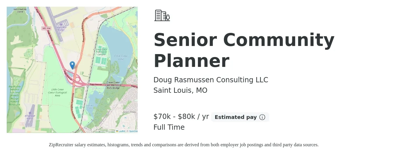 Doug Rasmussen Consulting LLC job posting for a Senior Community Planner in Saint Louis, MO with a salary of $70,000 to $80,000 Yearly with a map of Saint Louis location.