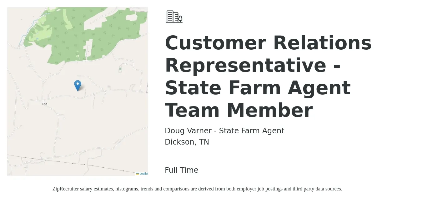 Doug Varner - State Farm Agent job posting for a Customer Relations Representative - State Farm Agent Team Member in Dickson, TN with a salary of $35,100 to $48,200 Yearly with a map of Dickson location.