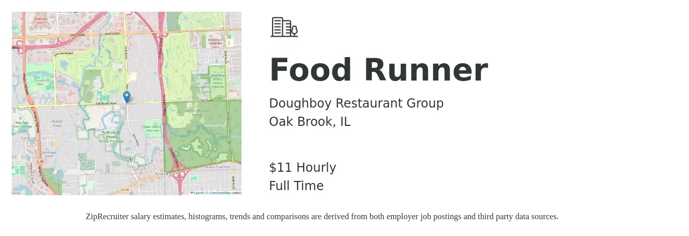 Doughboy Restaurant Group job posting for a Food Runner in Oak Brook, IL with a salary of $12 Hourly with a map of Oak Brook location.