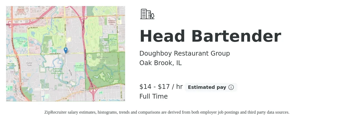 Doughboy Restaurant Group job posting for a Head Bartender in Oak Brook, IL with a salary of $18 to $20 Hourly with a map of Oak Brook location.