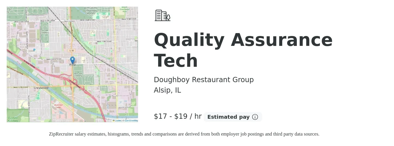 Doughboy Restaurant Group job posting for a Quality Assurance Tech in Alsip, IL with a salary of $18 to $20 Hourly with a map of Alsip location.