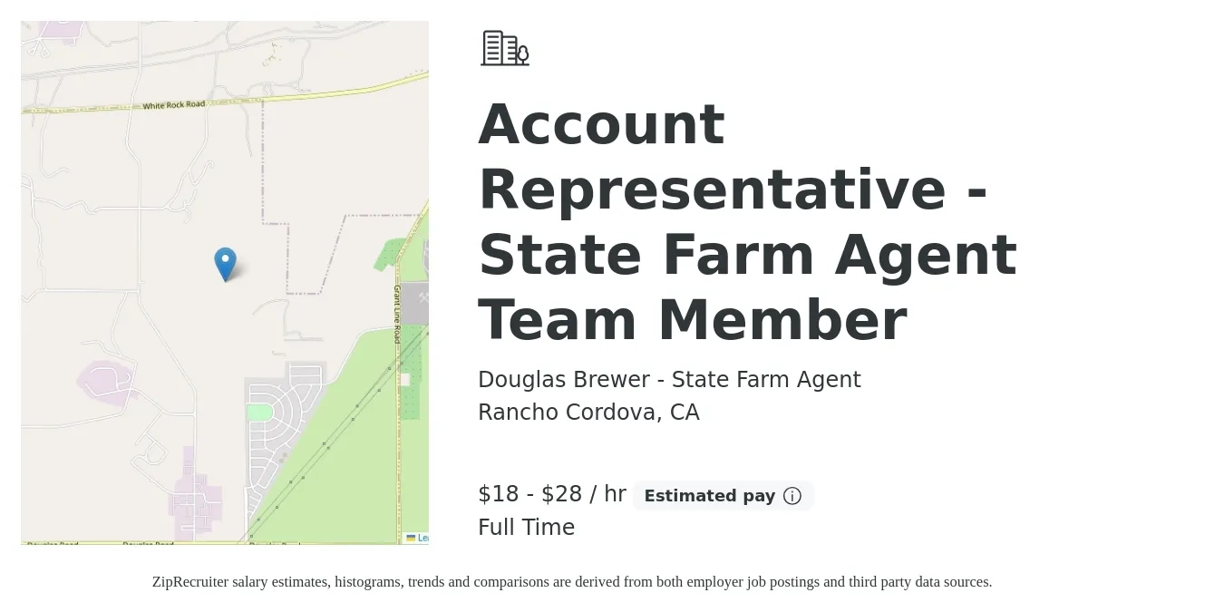 Douglas Brewer - State Farm Agent job posting for a Account Representative - State Farm Agent Team Member in Rancho Cordova, CA with a salary of $19 to $30 Hourly with a map of Rancho Cordova location.