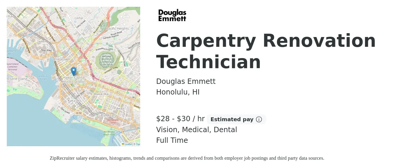 Douglas Emmett job posting for a Carpentry Renovation Technician in Honolulu, HI with a salary of $30 to $32 Hourly and benefits including dental, life_insurance, medical, retirement, and vision with a map of Honolulu location.