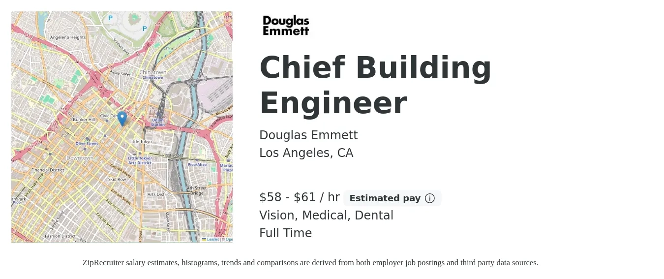 Douglas Emmett job posting for a Chief Building Engineer in Los Angeles, CA with a salary of $61 to $64 Hourly and benefits including vision, dental, life_insurance, medical, and retirement with a map of Los Angeles location.