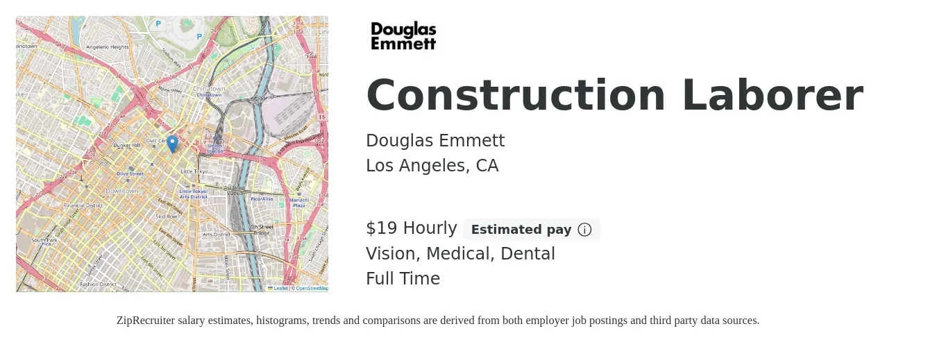 Douglas Emmett job posting for a Construction Laborer in Los Angeles, CA with a salary of $20 Hourly and benefits including dental, life_insurance, medical, retirement, and vision with a map of Los Angeles location.