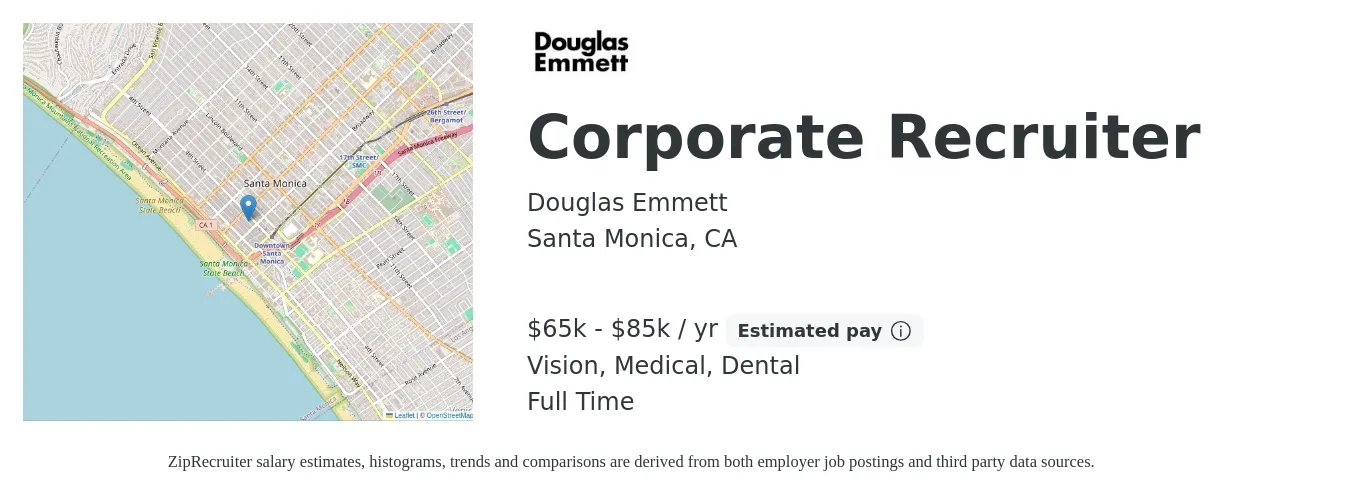 Douglas Emmett job posting for a Corporate Recruiter in Santa Monica, CA with a salary of $65,000 to $85,000 Yearly and benefits including life_insurance, medical, pto, retirement, vision, and dental with a map of Santa Monica location.